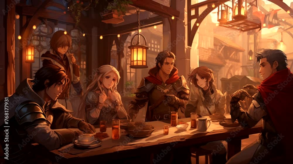 Fantasy medieval tavern with travelers, for medieval classical music background. seamless looping 4k time-lapse animation video background