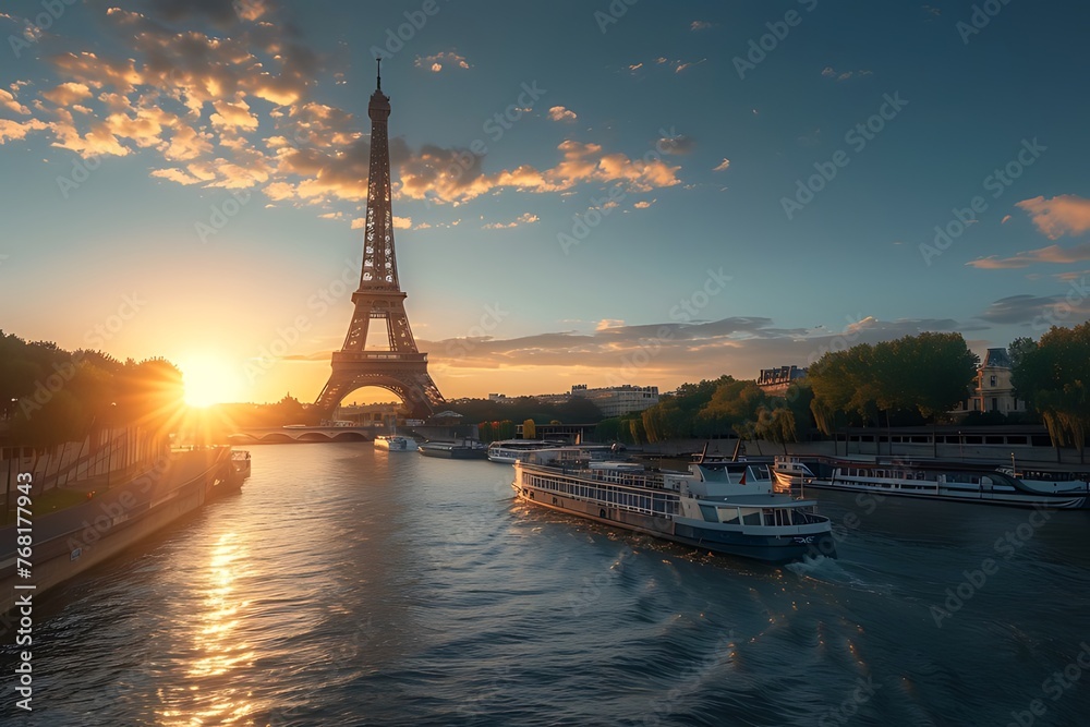 The main attraction of Paris and all of Europe is the Eiffel tower in the rays of the setting sun on the bank of Seine river with cruise tourist ships. Generative AI