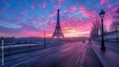 The symbol of Paris and all of France is the elegant and unique Eiffel tower. Photo Taken in the area of Trocadero square during the blue hour before dawn. Beautiful landscape illustration photo