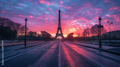 The symbol of Paris and all of France is the elegant and unique Eiffel tower. Photo Taken in the area of Trocadero square during the blue hour before dawn. Beautiful landscape illustration photo