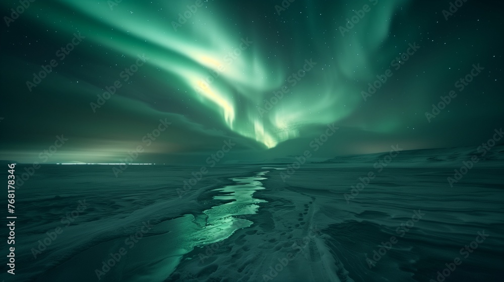 Aurora borealis over the sea coast, snowy mountains and city lights at night. Northern lights in Lofoten islands, Norway. Starry sky with polar lights. Winter landscape with aurora reflected in water