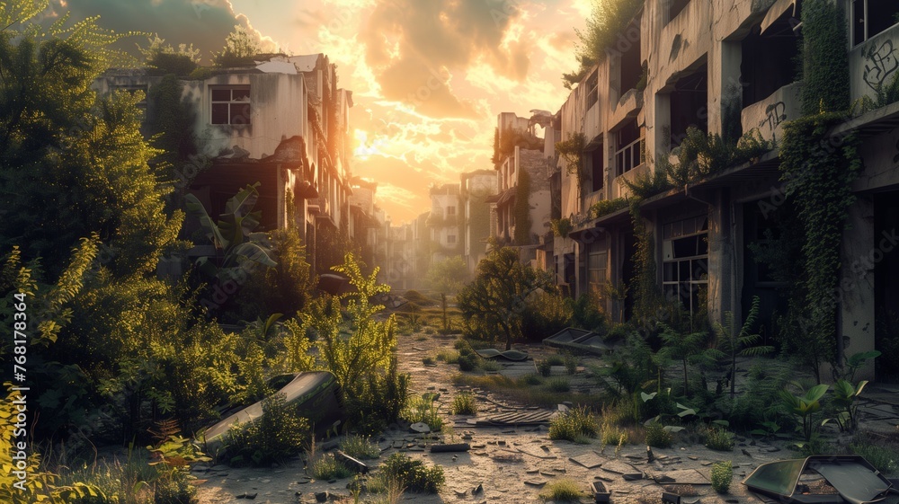 Post-apocalyptic city, beautiful lush overgrown buildings, end of civilization, 3d rendering.