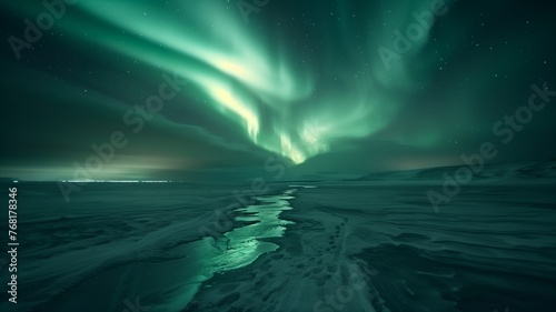 Aurora borealis over the sea coast, snowy mountains and city lights at night. Northern lights in Lofoten islands, Norway. Starry sky with polar lights. Winter landscape with aurora reflected in water