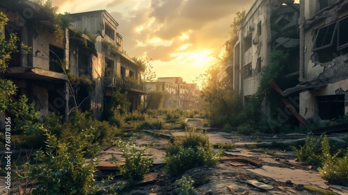 Post-apocalyptic city, beautiful lush overgrown buildings, end of civilization, 3d rendering.