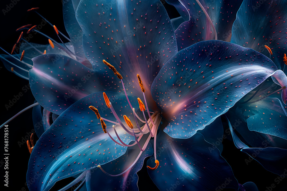 Obraz premium modern background, shining lily flower with transparent petals, with unearthly radiance, neon gamma,close-up, graphic concept,web design,flower shops,flower exhibitions