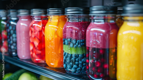 Jars of colorful smoothies on a shelf.