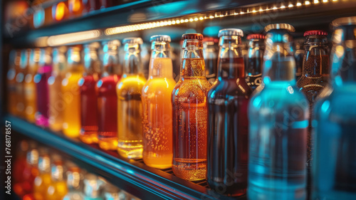A variety of colorful bottles on a shelf.
