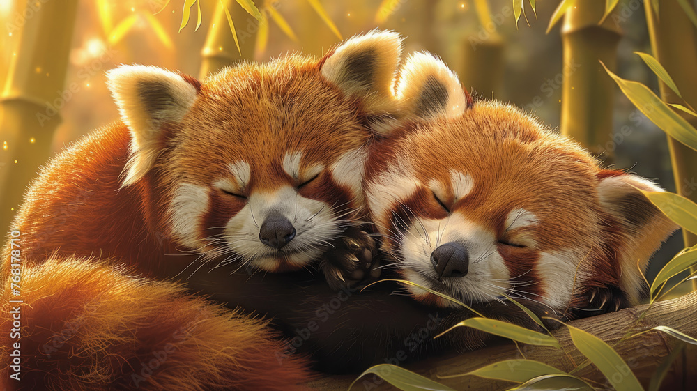 Fototapeta premium Two red pandas cuddling among bamboo.