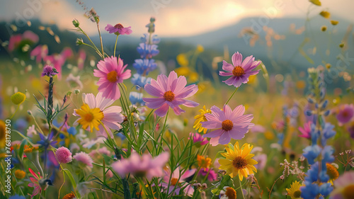 A field of wildflowers at sunset