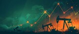 The change in oil prices caused by the world economy crisis. Oil price rise concept. Oil drilling derricks at burning oil fields. Crude oil production from the ground. Fossil fuel. Petroleum & gas