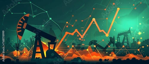 Rise in gasoline prices concept with double exposure of digital screen with financial chart graphs and oil pumps on a field. Rising gas prices depicted through financial graphs & burning oil fields.