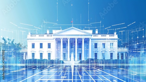 The White House at day, Washington DC, USA. Executive branch. President administration. Artificial Intelligence concept, hologram. AI, machine learning, neural network, robotics. Generative AI