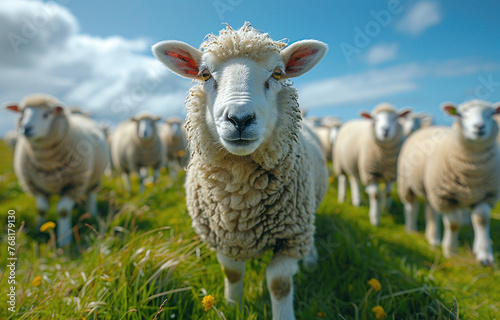 Flock of sheep on green pasture with a curious sheep looking at the camera under a blue sky with clouds. photo