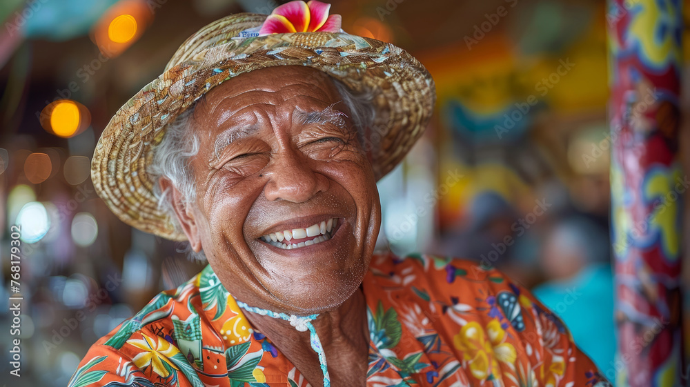 Elderly man smiling in tropical attire.