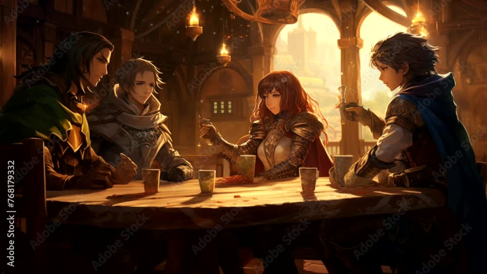 Fantasy medieval tavern with travelers, for medieval classical music background. seamless looping 4k time-lapse animation video background Fantasy medieval tavern with travelers, for medieval classical music background. seamless looping 4k time-lapse animation video background