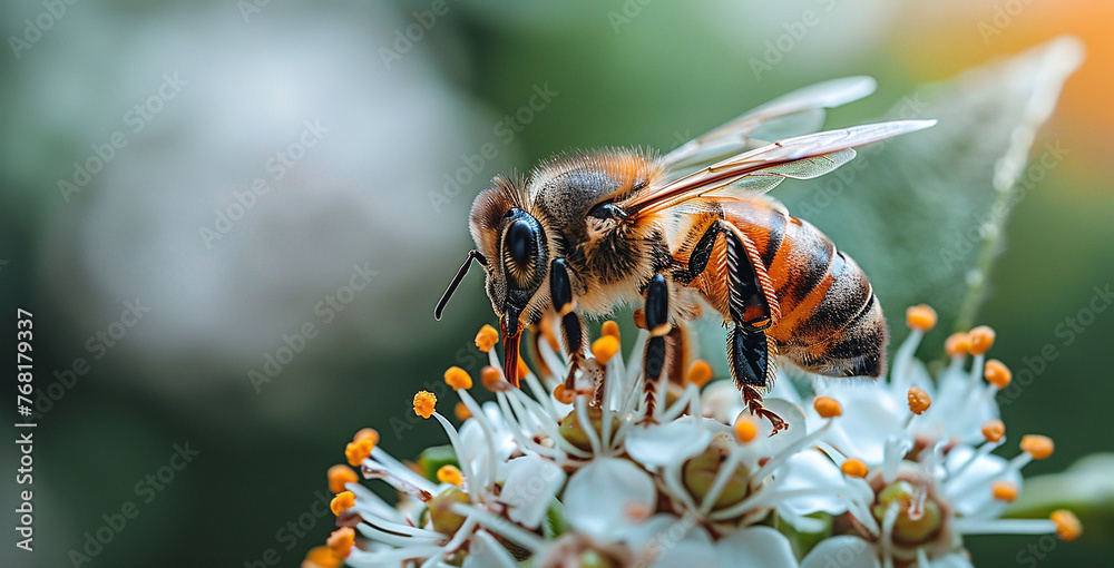 Honeybee collecting nectar from white flowers, with a blurred green background. Honeybee collecting nectar from white flowers, with a blurred green background.