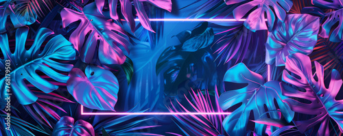 Vibrant neon blue and purple tropical leaves and plants, neon rectangular frame, abstract banner, background