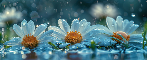 Close-up of dew-covered daisies with raindrops on petals, vibrant colors, and blurred background. photo