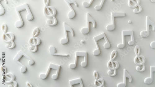 Elegant musical notes poised on pure white, a silent symphony in flat lay, awaiting your creative touch photo