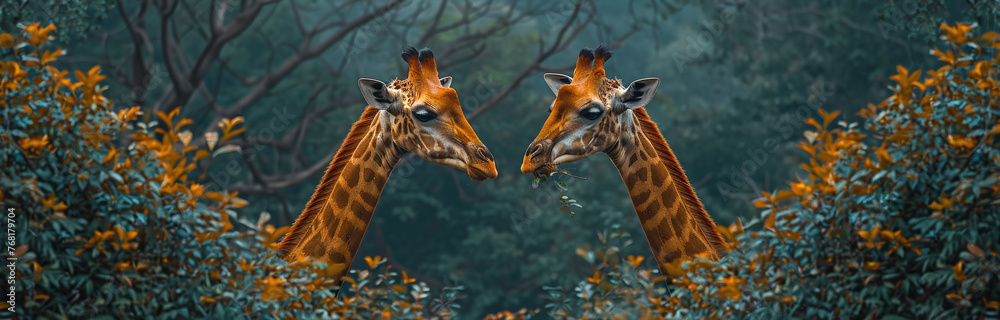 Obraz premium Two giraffes facing each other amidst a lush forest, with a serene and mystical atmosphere.