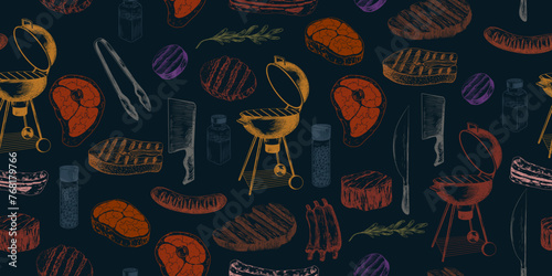 Seamless pattern with grilled meat and bbq equipment. Background with bbq food and tool. Hand drawn grilled steak, sausage, fish, ribs, bacon. Bone in ribeye steak. Kitchen utensils. Kitchenware