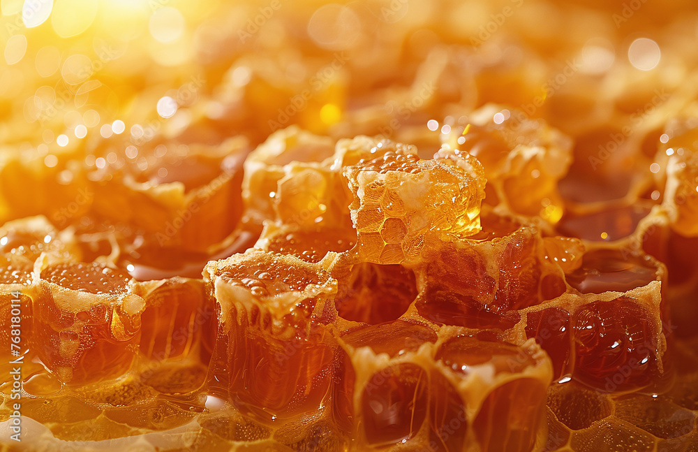 Close-up of golden honeycomb dripping with fresh honey in sunlight. Close-up of golden honeycomb dripping with fresh honey in sunlight.