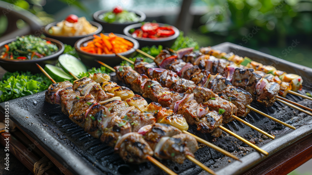 Grilled skewers and vegetables on a table
