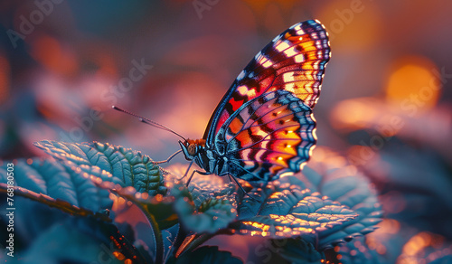Vibrant butterfly on leaf with bokeh background