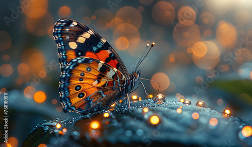 Vibrant butterfly on dewy surface with soft bokeh background. photo