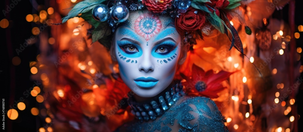 A woman is adorned with blue makeup on her face, accentuating her features, while colorful flowers are delicately placed on her head. The combination creates a vibrant and festive look.