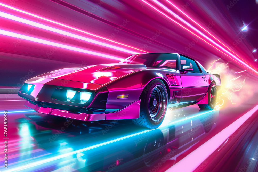 Futuristic Retro Speed: Neon-Lit Sports Car Accelerating Through Time.