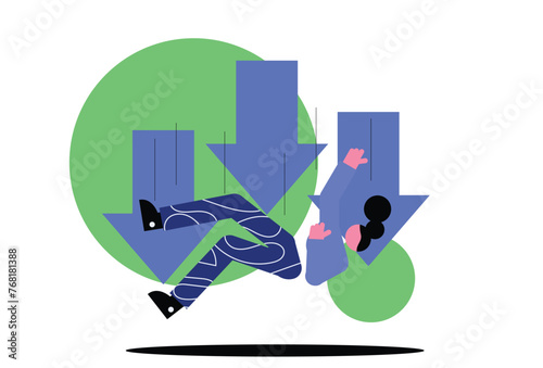 A young woman tumbling downwards, symbolizing failure and life challenges, portraying the concept of sudden setbacks and struggles
