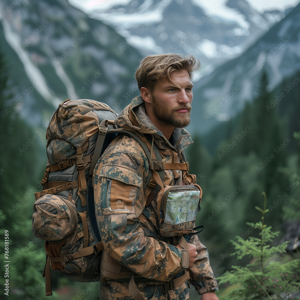 A man of European appearance in military uniform with a backpack stands against the backdrop of the mountains.