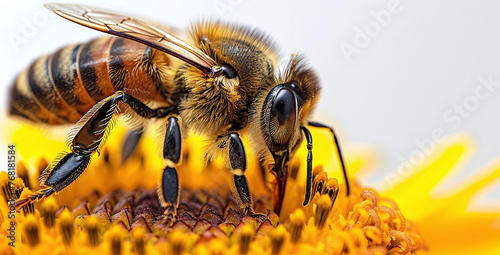 Close-up of a honeybee pollinating a vibrant yellow sunflower, showcasing intricate wing detail and pollen collection. © Gayan