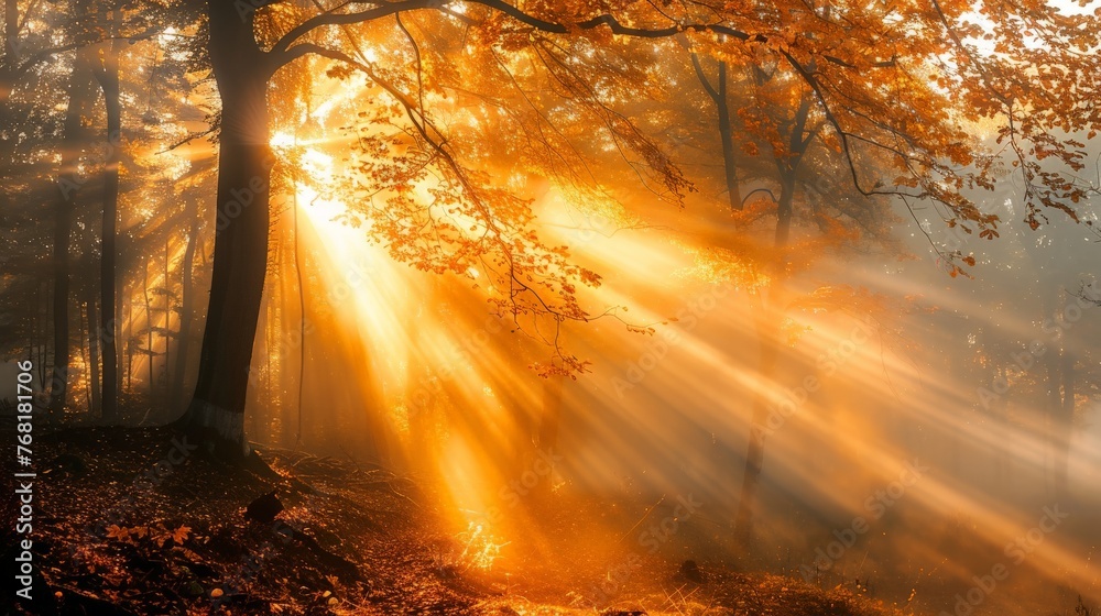 Obraz premium Sun Shining Through Forest Trees