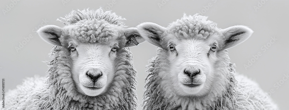 Obraz premium Two sheep facing forward with a grey background, in black and white.