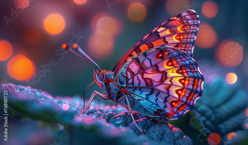 Vibrant butterfly on dewy foliage with bokeh lights.