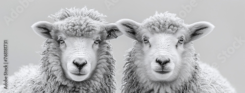Two sheep facing forward with a grey background, in black and white. photo