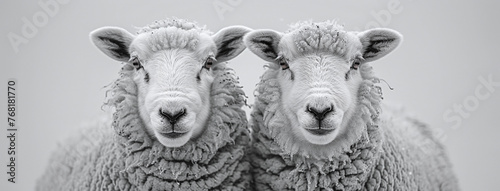 Two sheep facing forward with a symmetrical composition, in black and white. photo