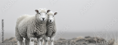 Two sheep standing together in a misty field, with a soft, muted background. photo
