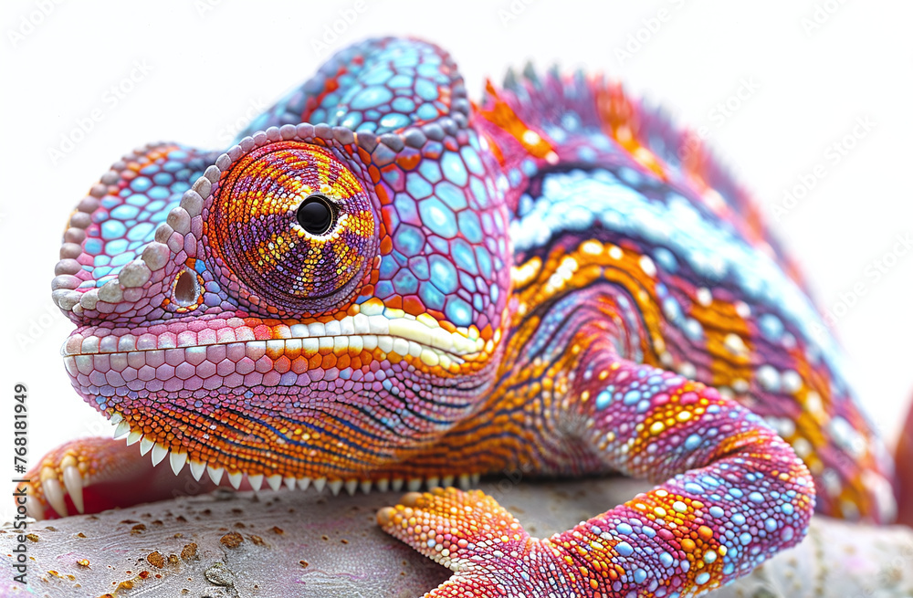 Obraz premium Close-up of a colorful chameleon with detailed skin texture on a white background.