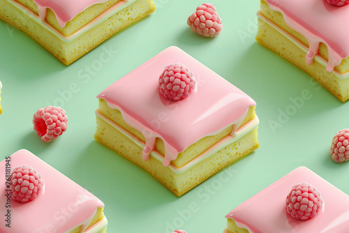 
isometric pattern of layered rectangle cakes with pink glaze and one raspberry on top, on a pastel green background