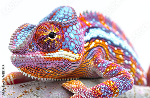 Close-up of a colorful chameleon with detailed skin texture on a white background. © Gayan