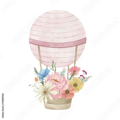 Poster with watercolor hot air balloon with flowers. Hand painted vintage isolated illustration on white background.