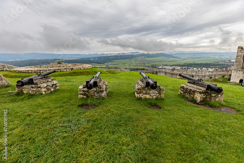 Spišský hrad, Historical Gun at the UNESCO World Heritage Site, Looking into the Valley 