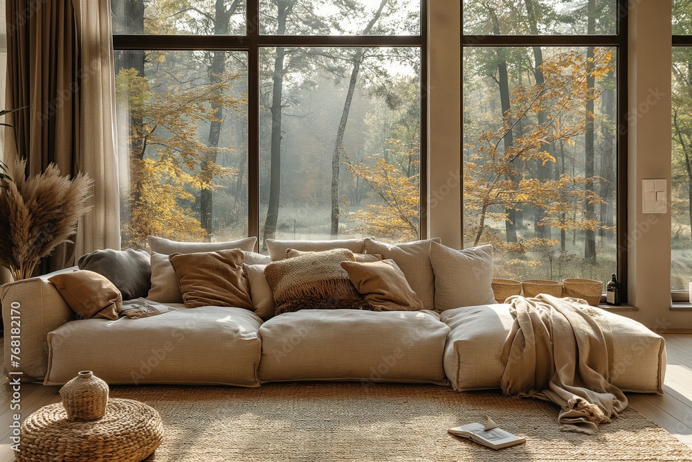 Naklejka premium Wooden interior design of house with big window and nature view. Interior mockup. Generative AI