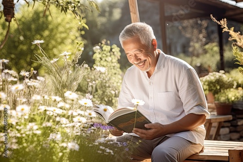 Chinese middle-aged herbal farmer, in casual attire, sitting on a wooden bench