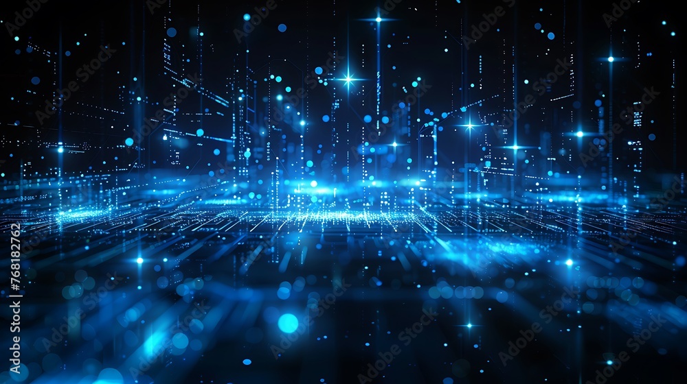 Obraz premium Abstract connected dots on bright blue background. Technology concept AI generated
