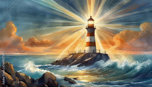 Illustration of lighthouse tower with beam of light. Ocean sunset background scene. © hardvicore
