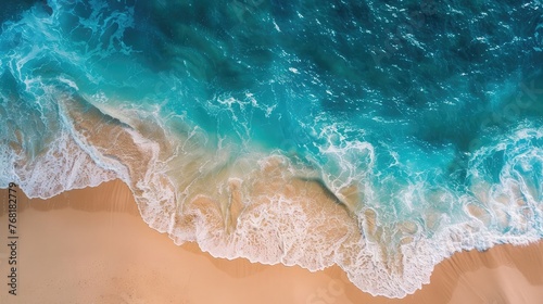 Aerial top view on nature landscape view of beautiful tropical clean sandy beach and soft blue ocean, Summer seascape waves